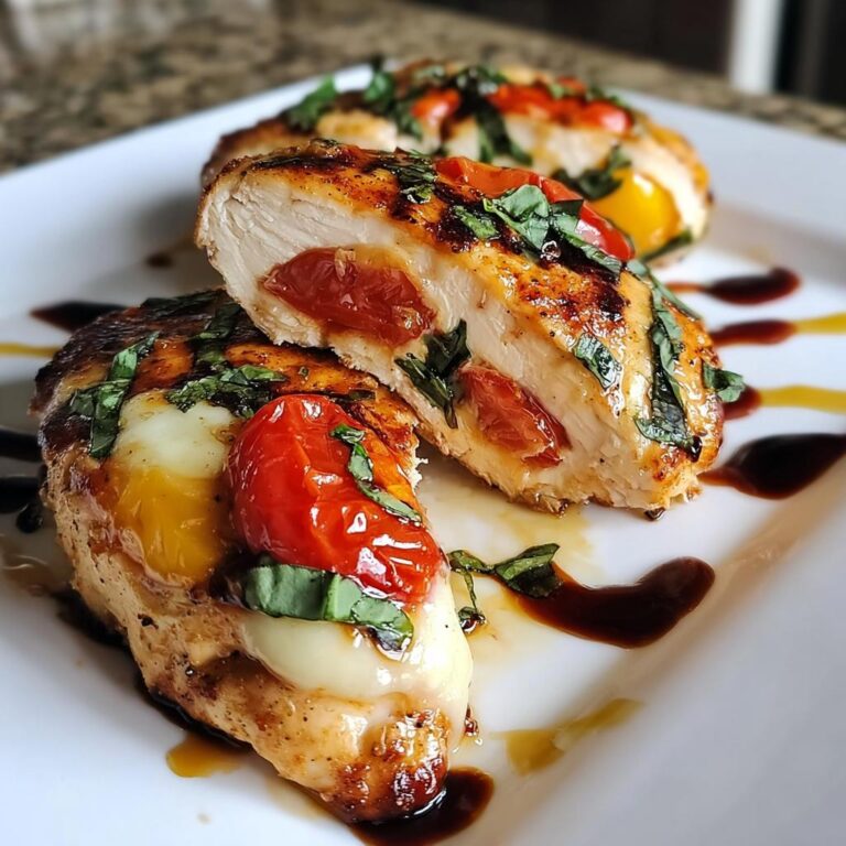 Aufgeschnittene Hähnchenbrust Caprese aus dem Ofen, gefüllt mit Mozzarella und Kirschtomaten, garniert mit Basilikum.