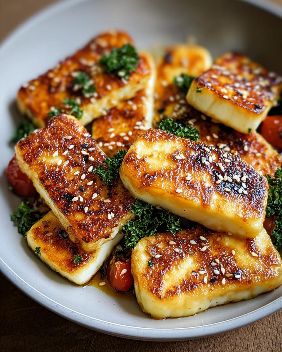 Goldbraun gebratene Stücke Halloumi-Pfanne mit Honig und Sesam garniert auf grünem Gemüse.