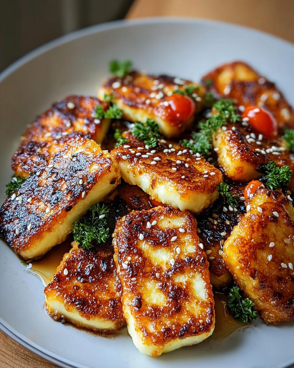 Goldbraun gebratene Stücke Halloumi-Pfanne mit Honig-Glasur, Sesam und Petersilie.