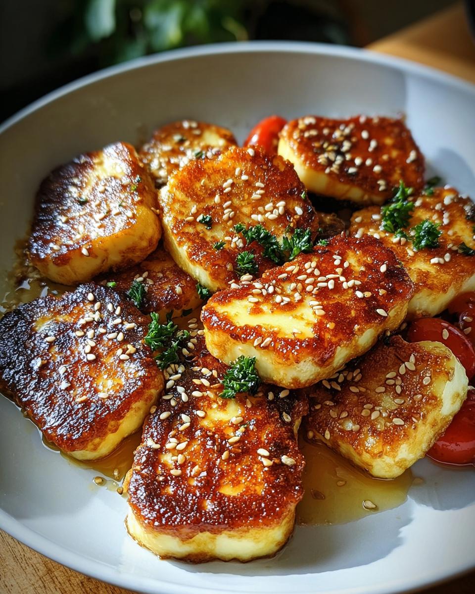 Goldbraun gebratene Scheiben Halloumi-Pfanne mit Honig-Glasur und Sesam bestreut.