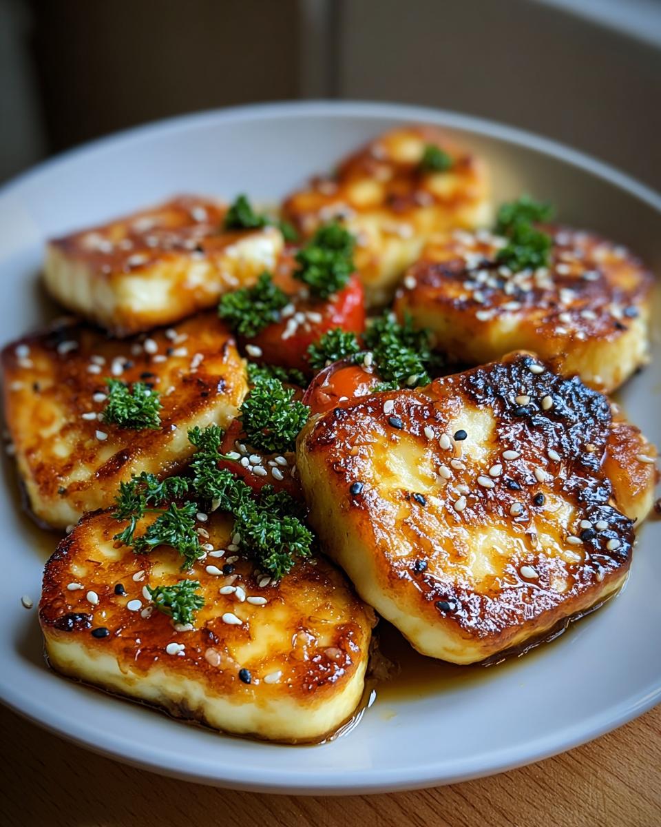 Nahaufnahme von gebratenem Halloumi-Pfanne mit Honig-Glasur, Sesam und Petersilie auf einem Teller.