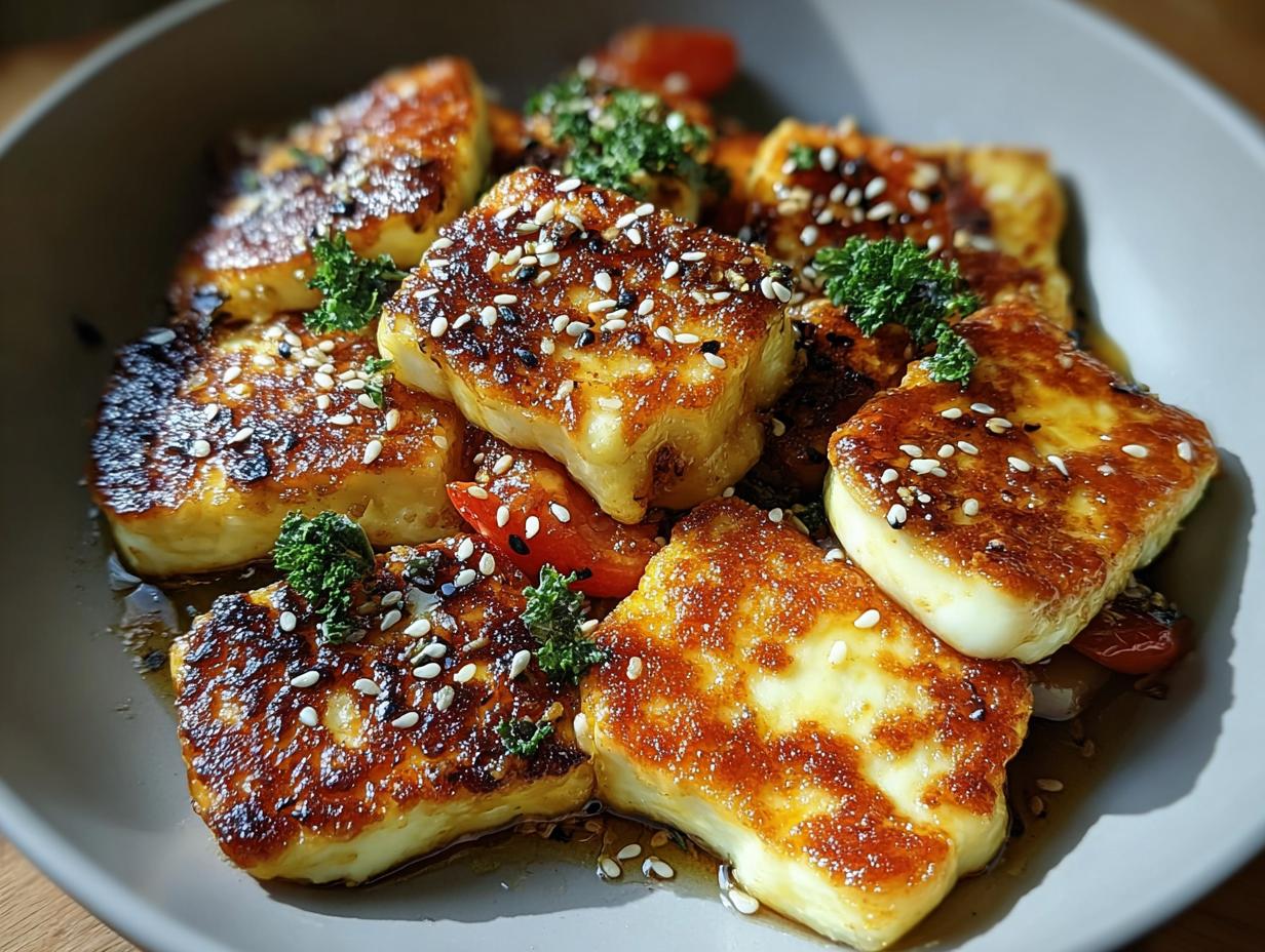 Nahaufnahme von goldbraun gebratenem Halloumi-Pfanne mit Honig-Sesam-Glasur und frischer Petersilie.