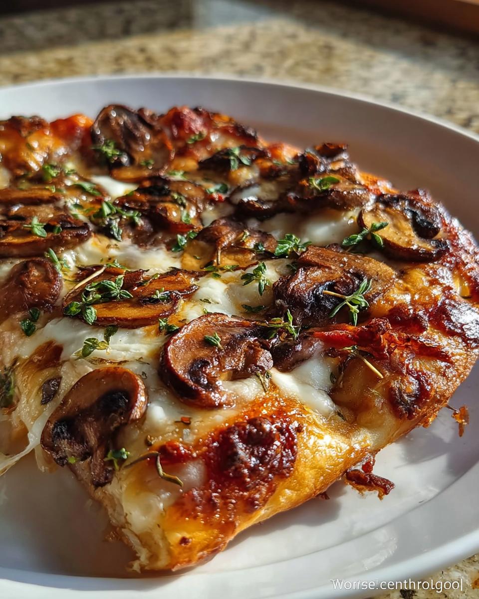 Nahaufnahme eines Stücks Hausgemachte Pizza vom Blech mit geschmolzenem Käse, gebratenen Pilzen und frischem Thymian.