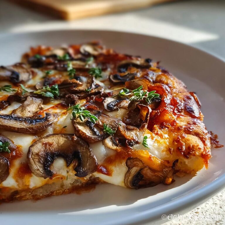 Nahaufnahme eines Stücks Hausgemachte Pizza vom Blech mit geschmolzenem Käse, gebratenen Champignons und frischem Thymian.