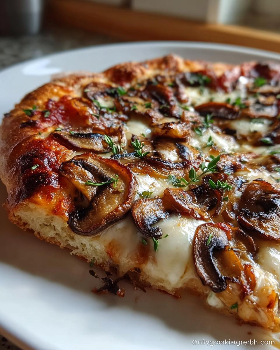 Nahaufnahme eines Stücks Hausgemachte Pizza vom Blech mit geschmolzenem Käse und gebratenen Pilzen.