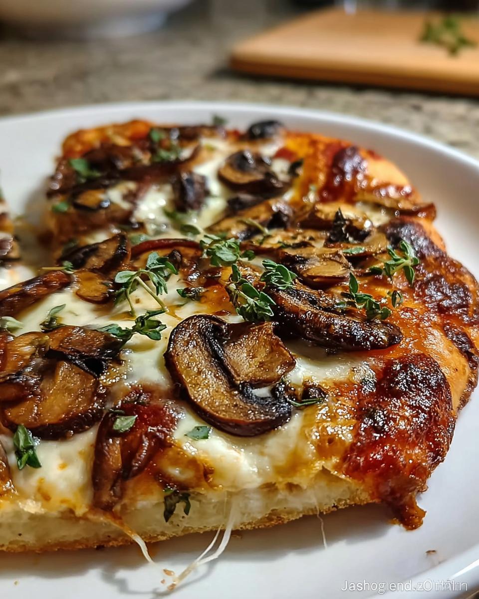 Nahaufnahme eines Stücks Hausgemachte Pizza vom Blech mit geschmolzenem Käse, gebratenen Pilzen und frischem Thymian.