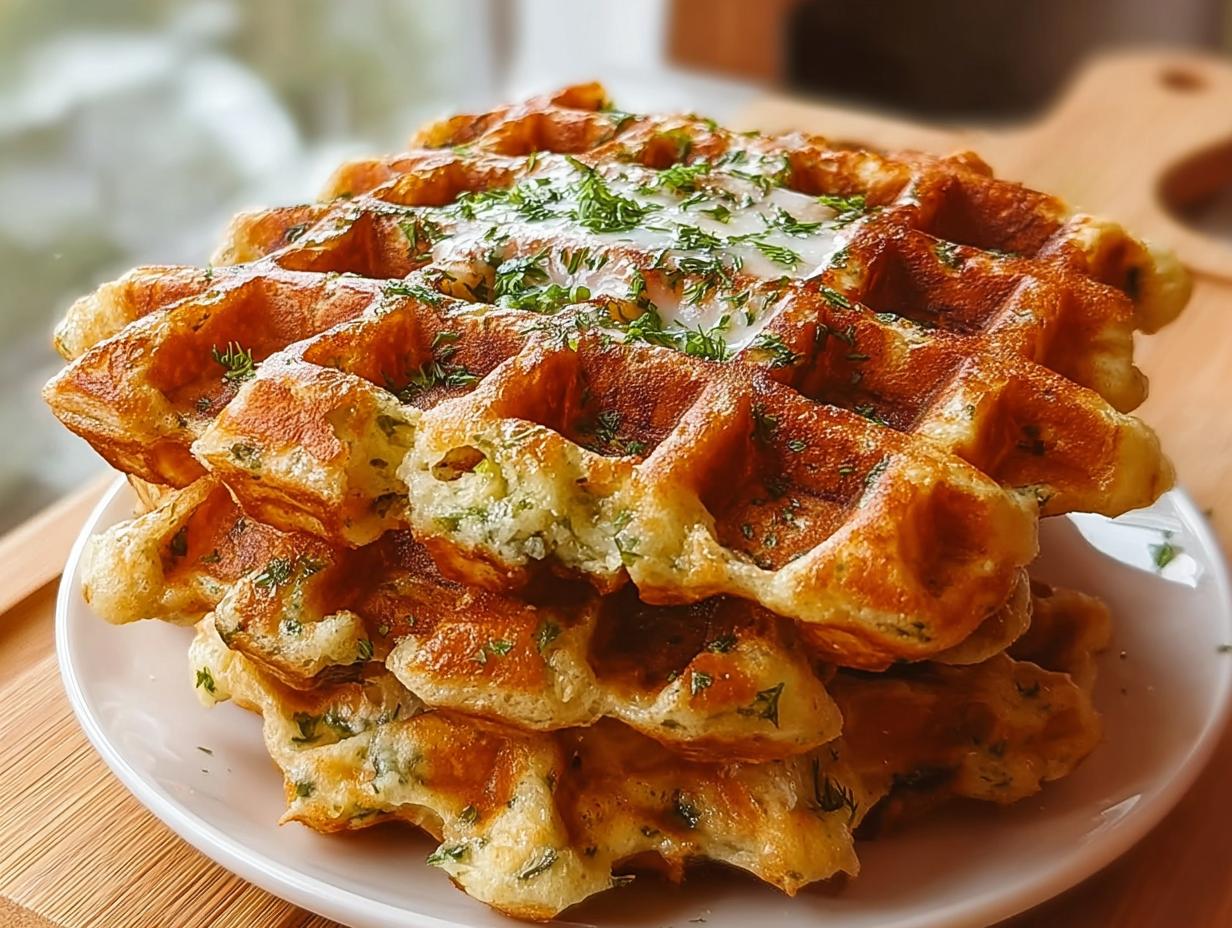 Ein Stapel goldbrauner Herzhafte Waffeln mit Käse & Kräutern, garniert mit einem Klecks Creme und frischen Kräutern.