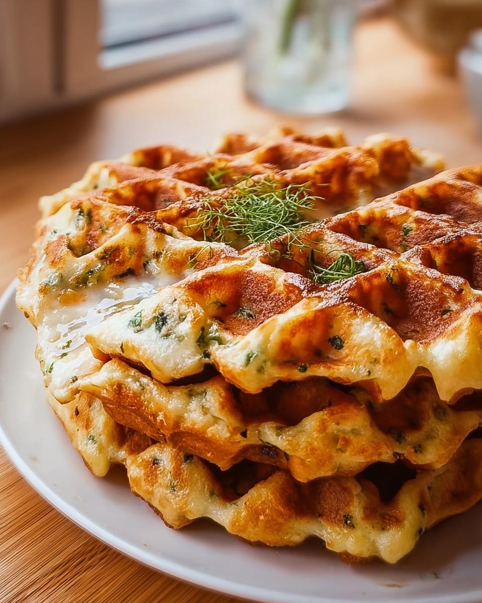 Ein Stapel goldbrauner Herzhafte Waffeln mit Käse & Kräutern, garniert mit frischem Dill.