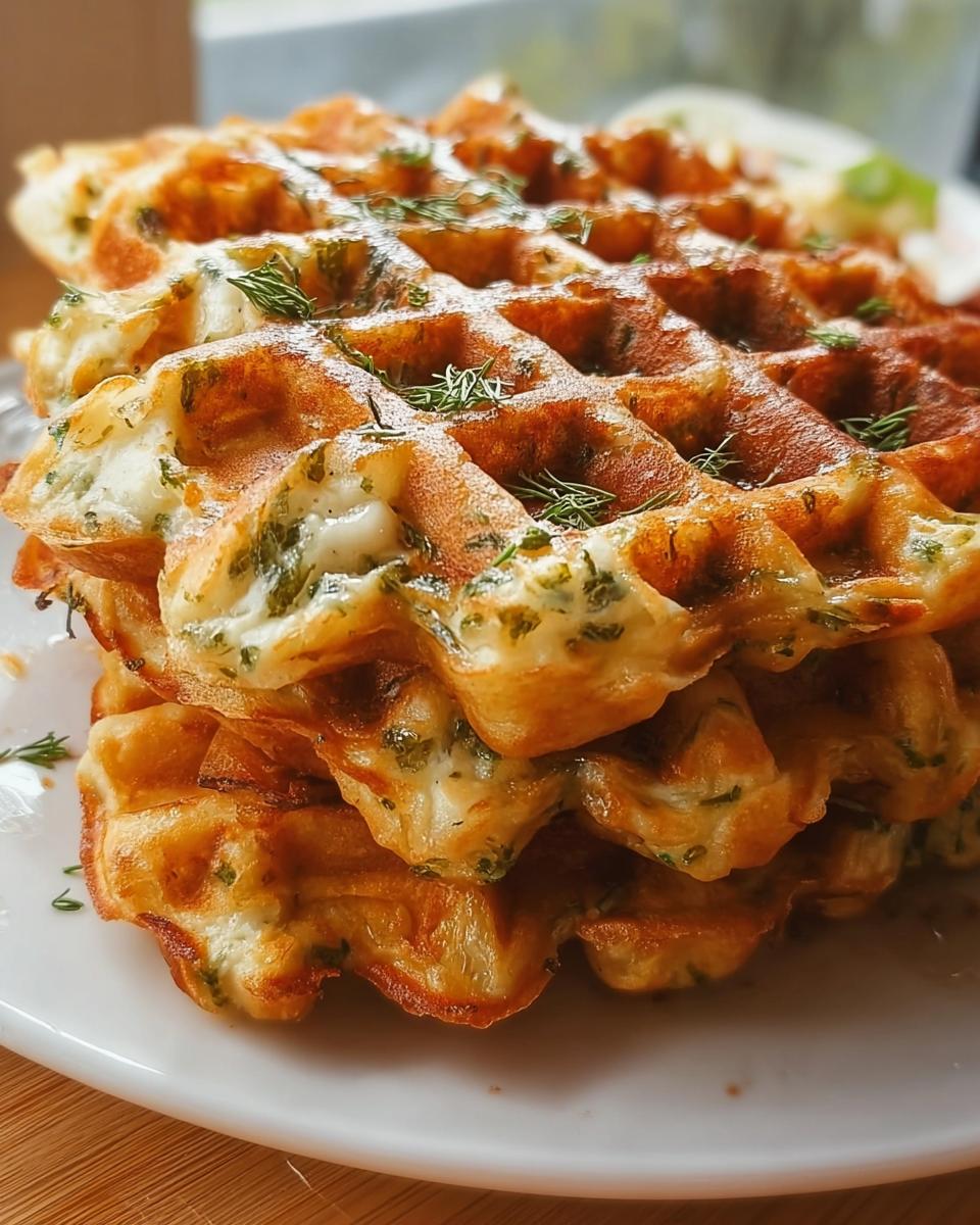 Nahaufnahme eines Stapels goldbrauner Herzhafte Waffeln mit Käse & Kräutern, die mit geschmolzenem Käse und frischen Kräutern gefüllt sind.