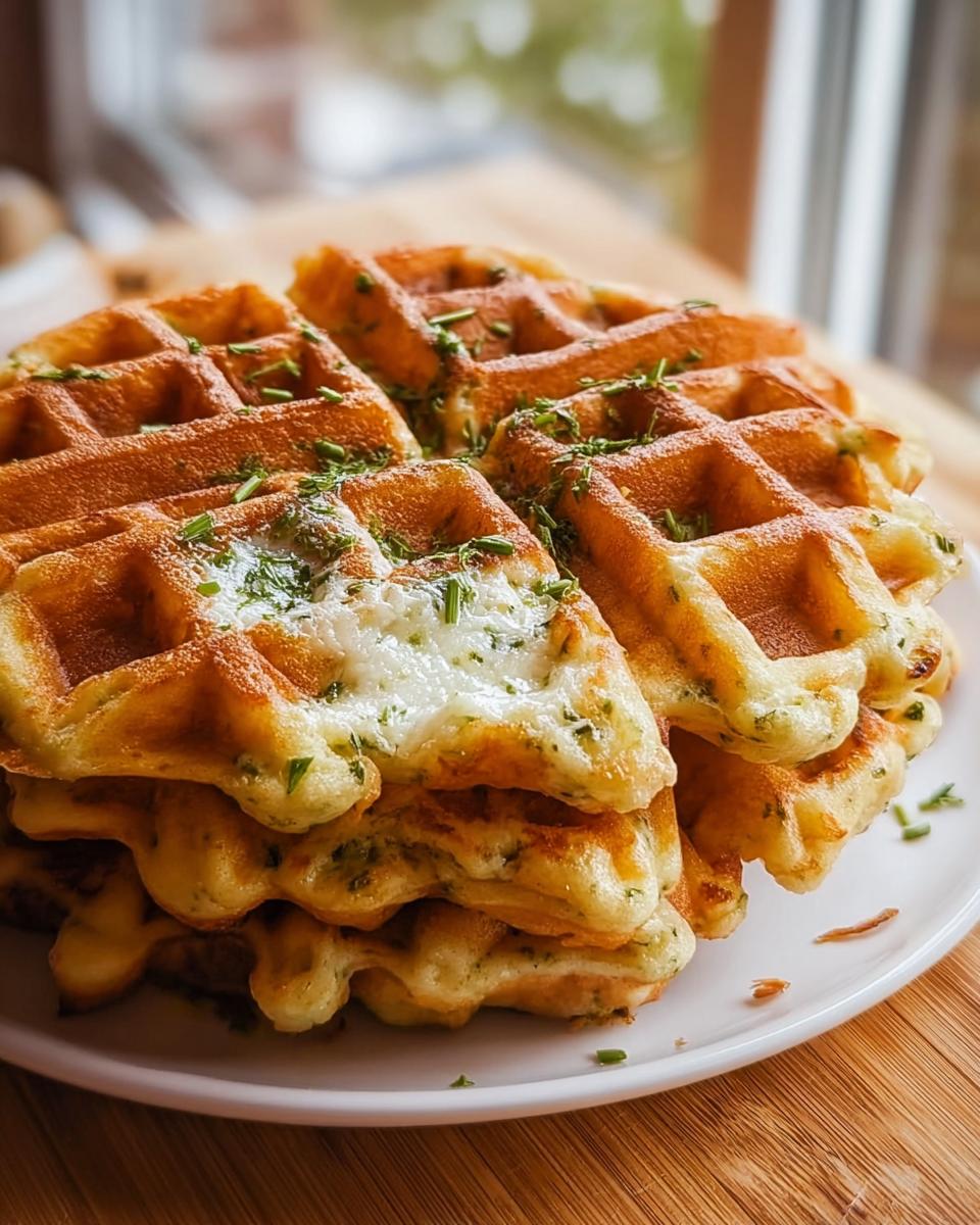 Stapel goldbrauner Herzhafte Waffeln mit Käse & Kräutern, garniert mit Schnittlauch auf einem weißen Teller.