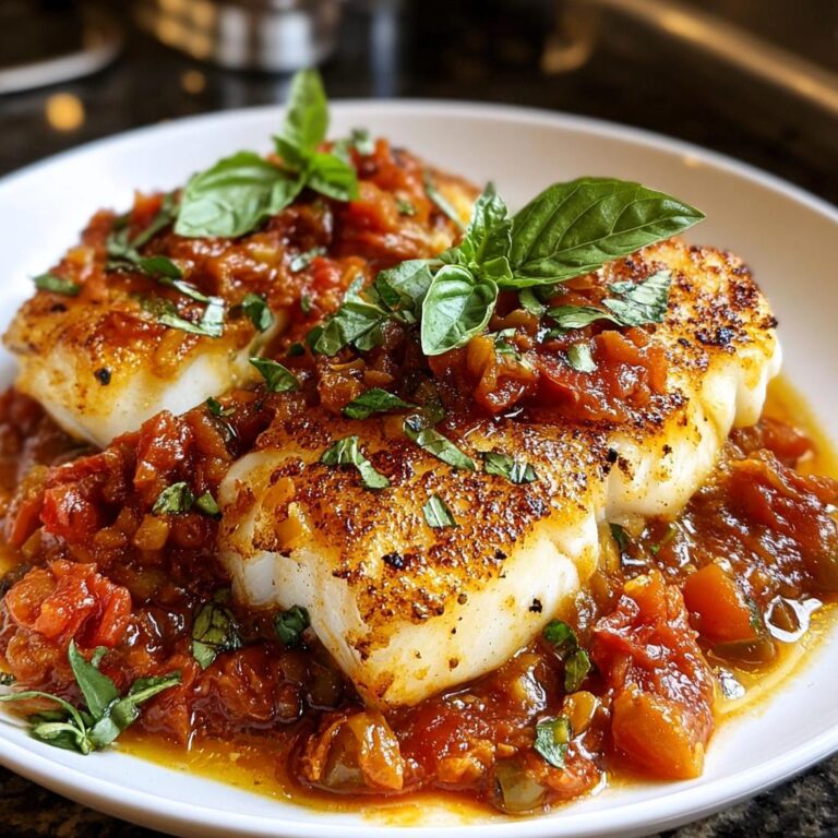 Zwei gebratene Kabeljaufilets in reichhaltiger Tomaten-Oliven-Sauce, garniert mit frischem Basilikum.