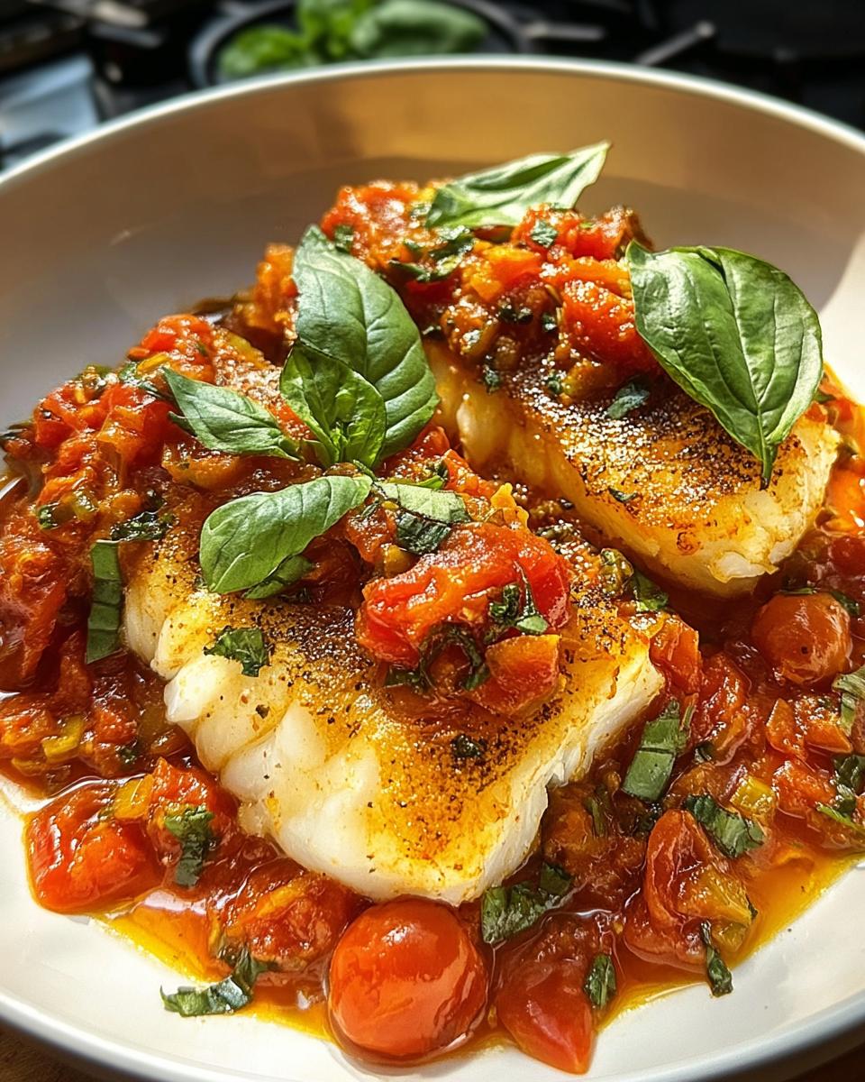 Zwei Stücke Kabeljau in Tomaten-Oliven-Sauce, garniert mit frischen Basilikumblättern.