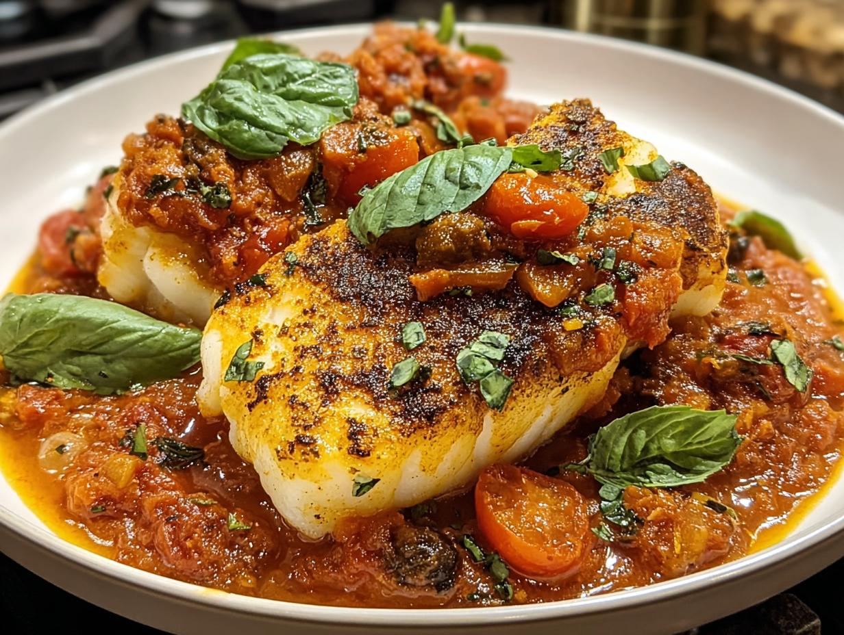 Zwei gebratene Kabeljaufilets in einer reichhaltigen Tomaten-Oliven-Sauce, garniert mit frischem Basilikum.