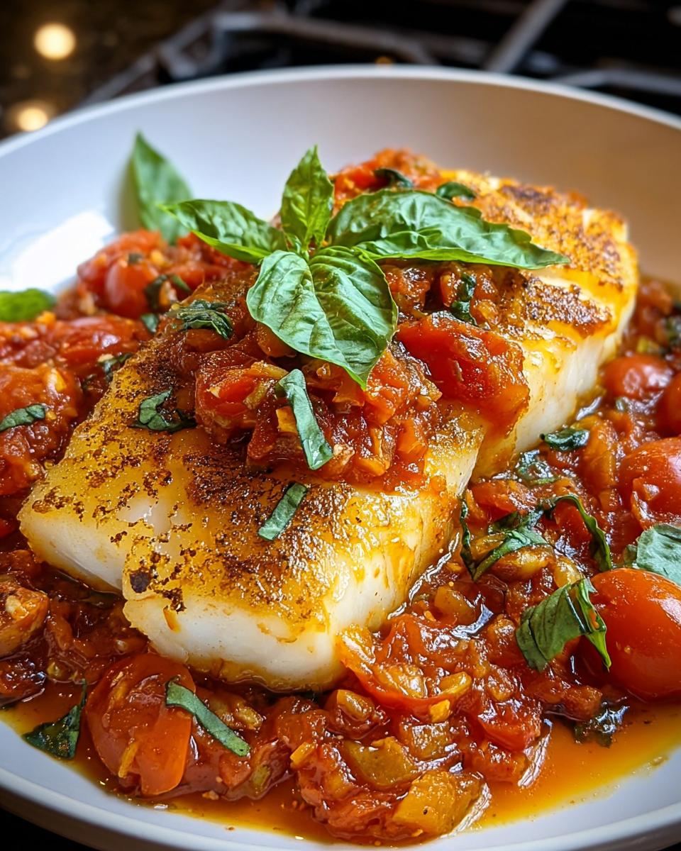Gebratenes Kabeljaufilet in einer reichhaltigen Tomaten-Oliven-Sauce, garniert mit frischem Basilikum.