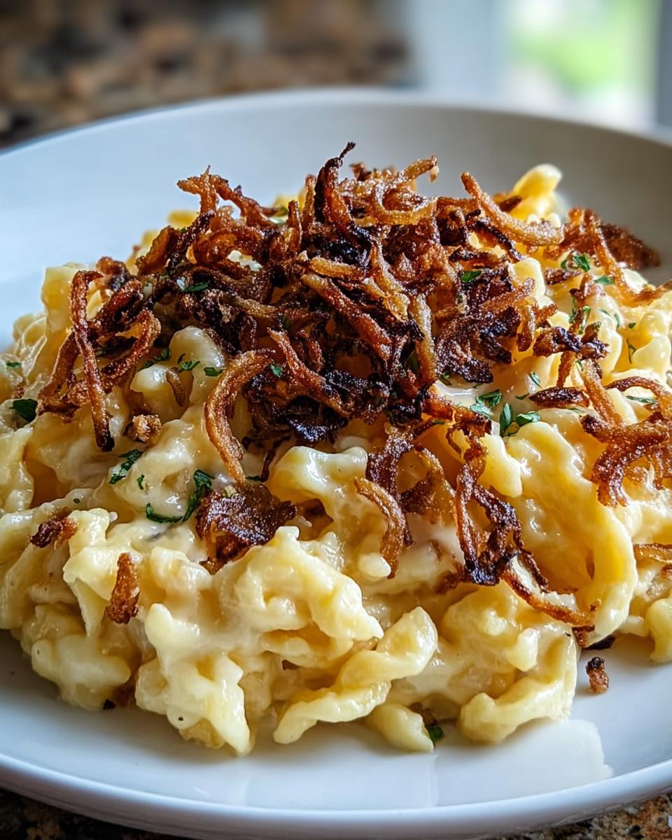 Nahaufnahme von cremigem Käsespätzle mit Röstzwiebeln und Petersilie in einem weißen Teller.