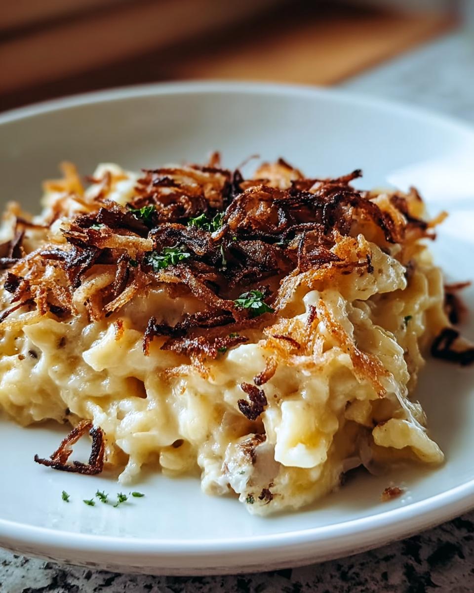 Nahaufnahme von Käsespätzle mit Röstzwiebeln, einer cremigen Portion deutscher Nudeln mit Käse und knusprigen Zwiebeln.