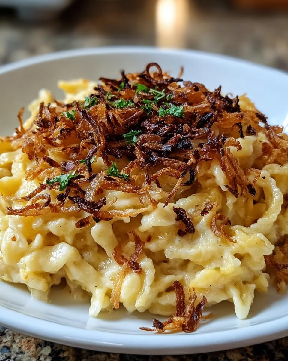 Nahaufnahme von cremigem Käsespätzle mit knusprigen Röstzwiebeln und Petersilie garniert.