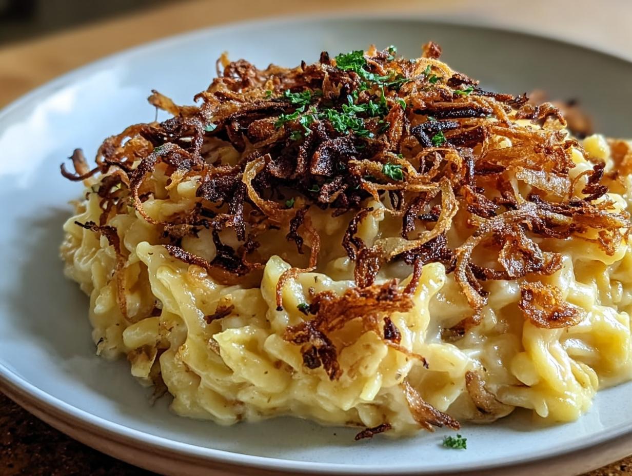 Teller mit cremigem Käsespätzle mit Röstzwiebeln und Petersilie garniert.