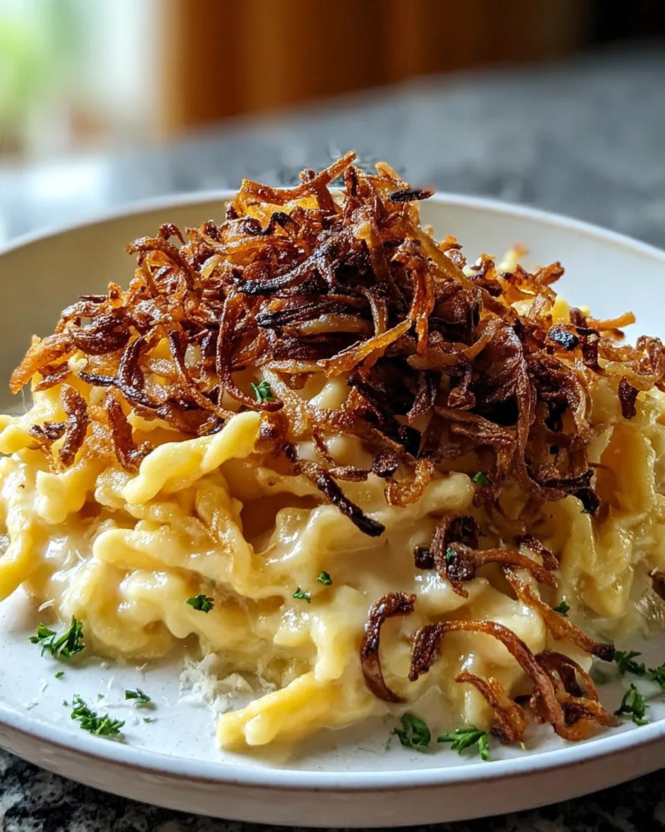 Nahaufnahme von cremigem Käsespätzle mit Röstzwiebeln und Petersilie garniert.