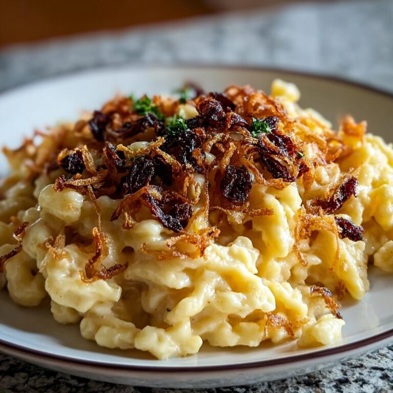 Nahaufnahme von cremigem Käsespätzle mit Röstzwiebeln und Petersilie garniert.
