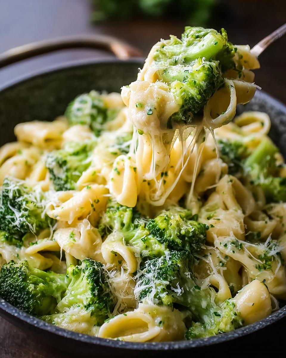 Nahaufnahme einer Käsige Brokkoli-Nudelpfanne, bei der eine Gabel Nudeln und Brokkoli mit langen Käsefäden herauszieht.