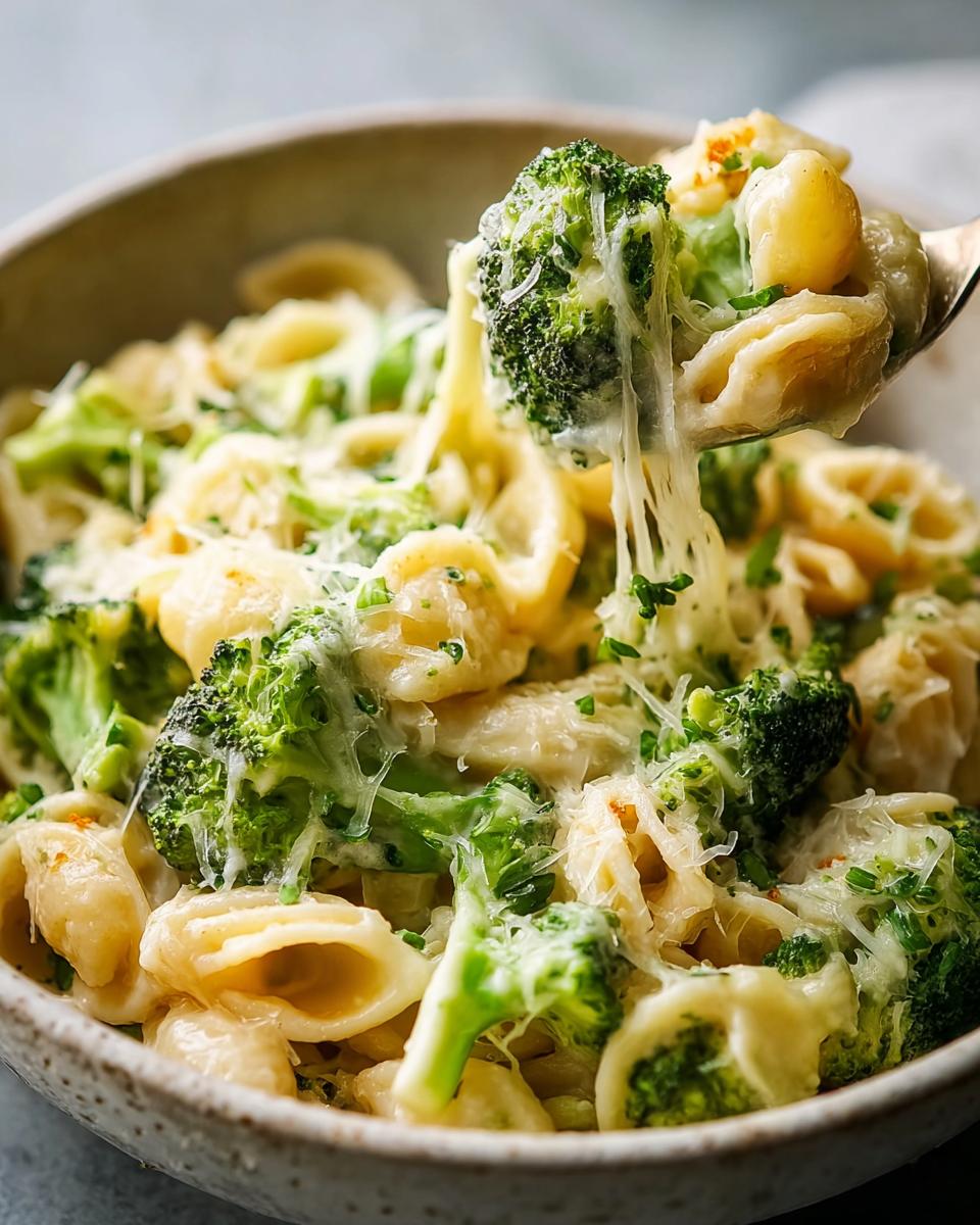 Nahaufnahme einer Käsige Brokkoli-Nudelpfanne, bei der eine Gabel eine Portion mit langen Käsefäden herauszieht.