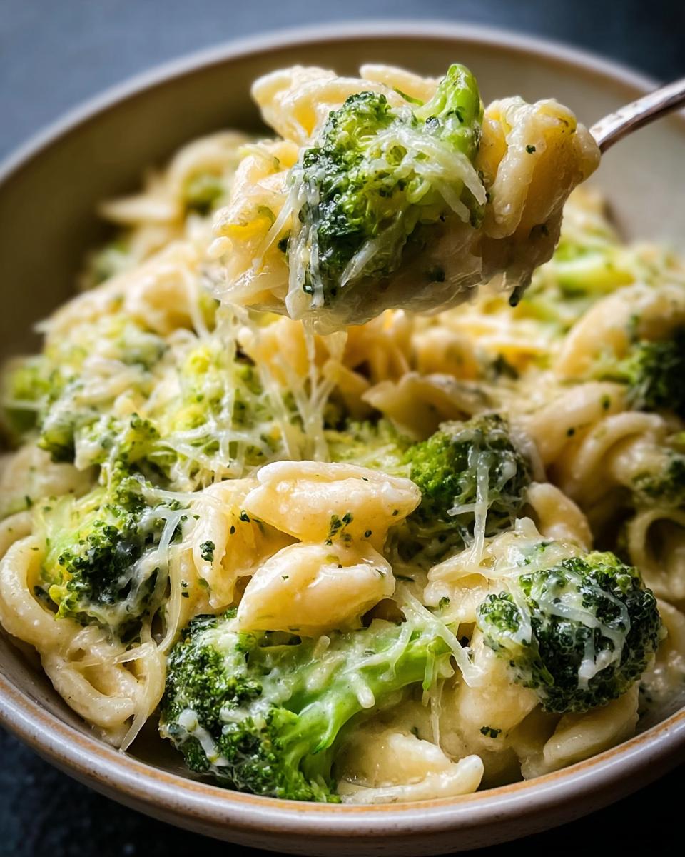 Nahaufnahme einer cremigen Käsige Brokkoli-Nudelpfanne mit geschmolzenem Käse und grünen Brokkoliröschen.