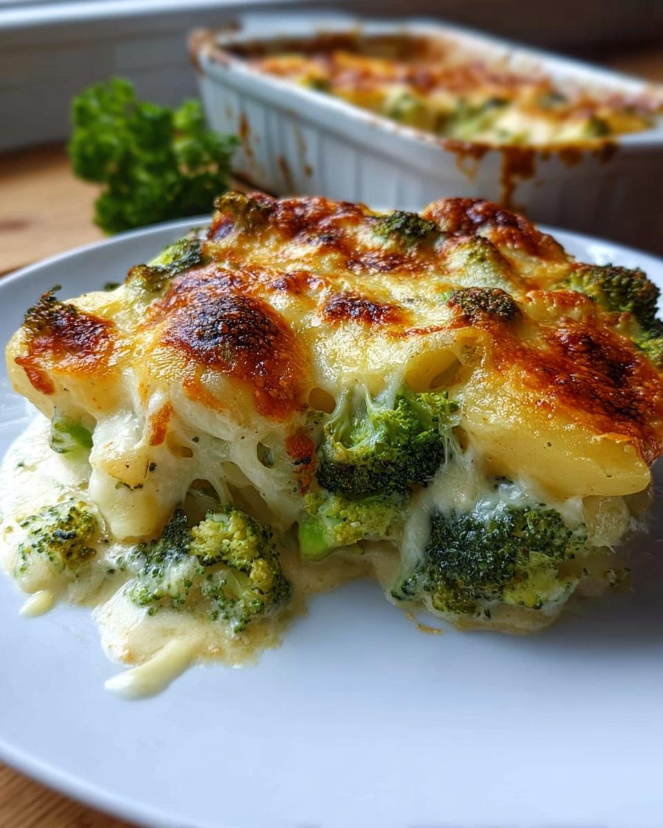 Nahaufnahme eines Stücks Kartoffel-Gemüse-Gratin vegetarisch mit viel geschmolzenem Käse und Brokkoli.