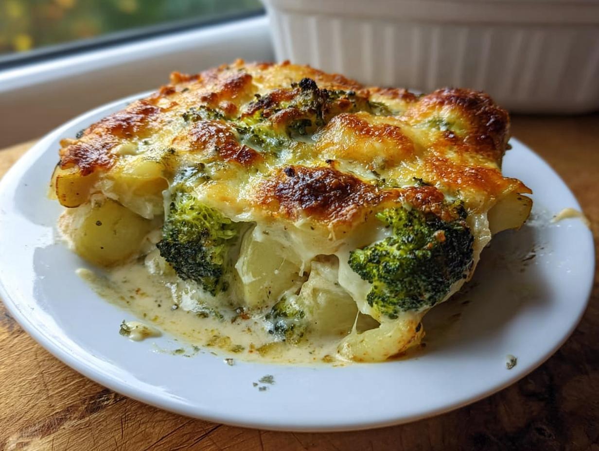 Ein Stück Kartoffel-Gemüse-Gratin vegetarisch mit Brokkoli und goldbraun überbackenem Käse auf einem weißen Teller.