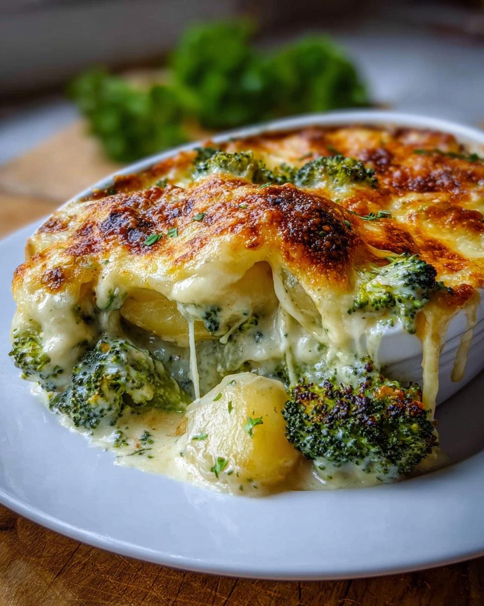 Nahaufnahme eines cremigen Kartoffel-Gemüse-Gratin vegetarisch mit goldbraun überbackenem Käse und Brokkoli.