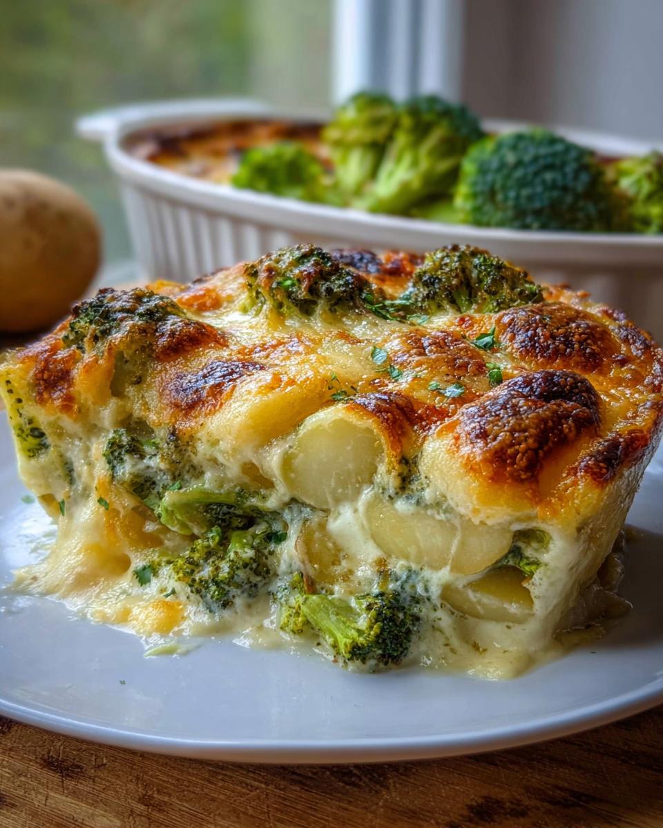 Anschnitt eines cremigen Kartoffel-Gemüse-Gratin vegetarisch mit goldbraun gebackenem Käse und Brokkoli.
