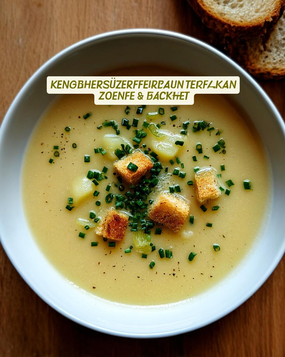 Eine cremige Kartoffel-Lauch-Suppe garniert mit Croutons, frischem Schnittlauch und Pfeffer.