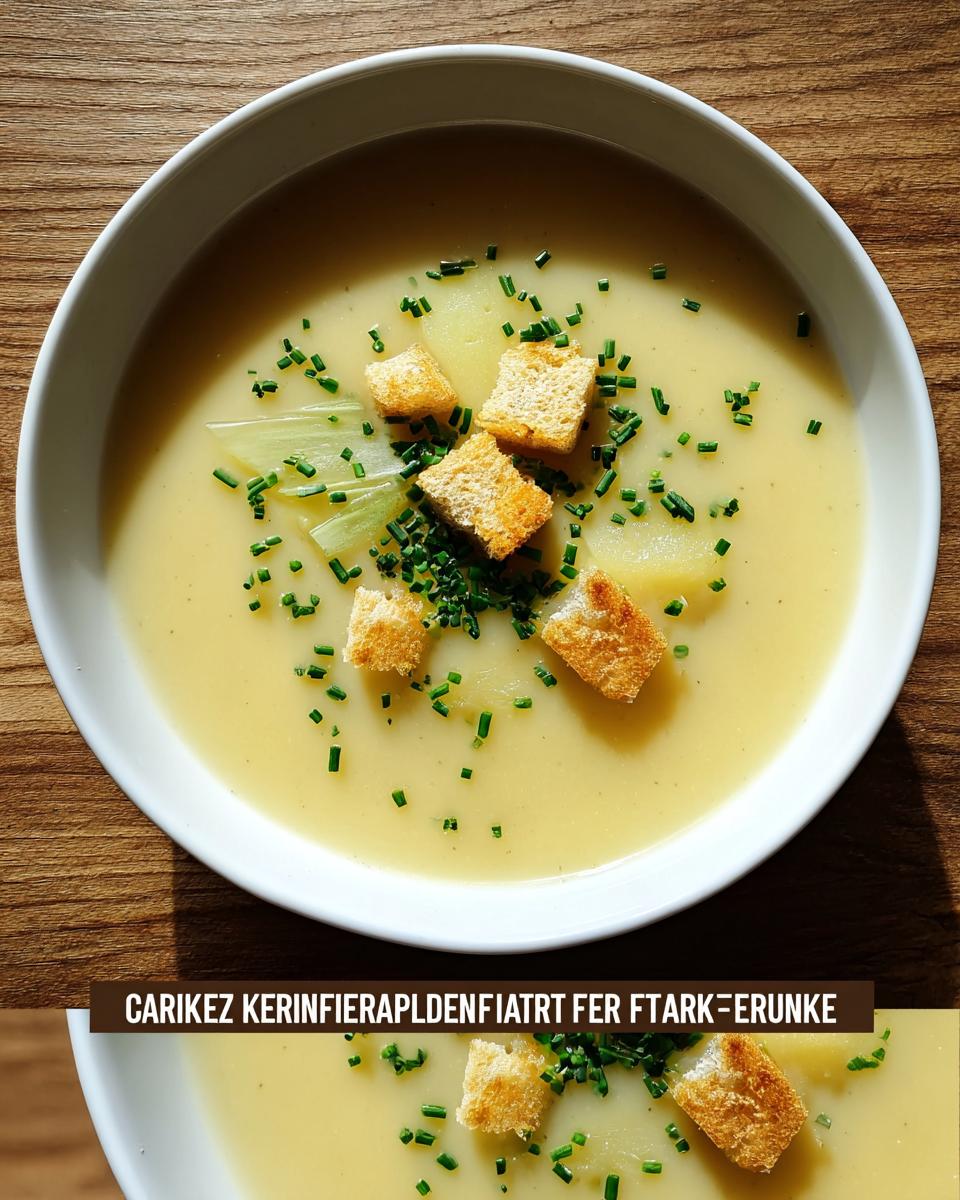 Eine Schüssel cremiger Kartoffel-Lauch-Suppe garniert mit Croutons, Schnittlauch und Lauchstücken.