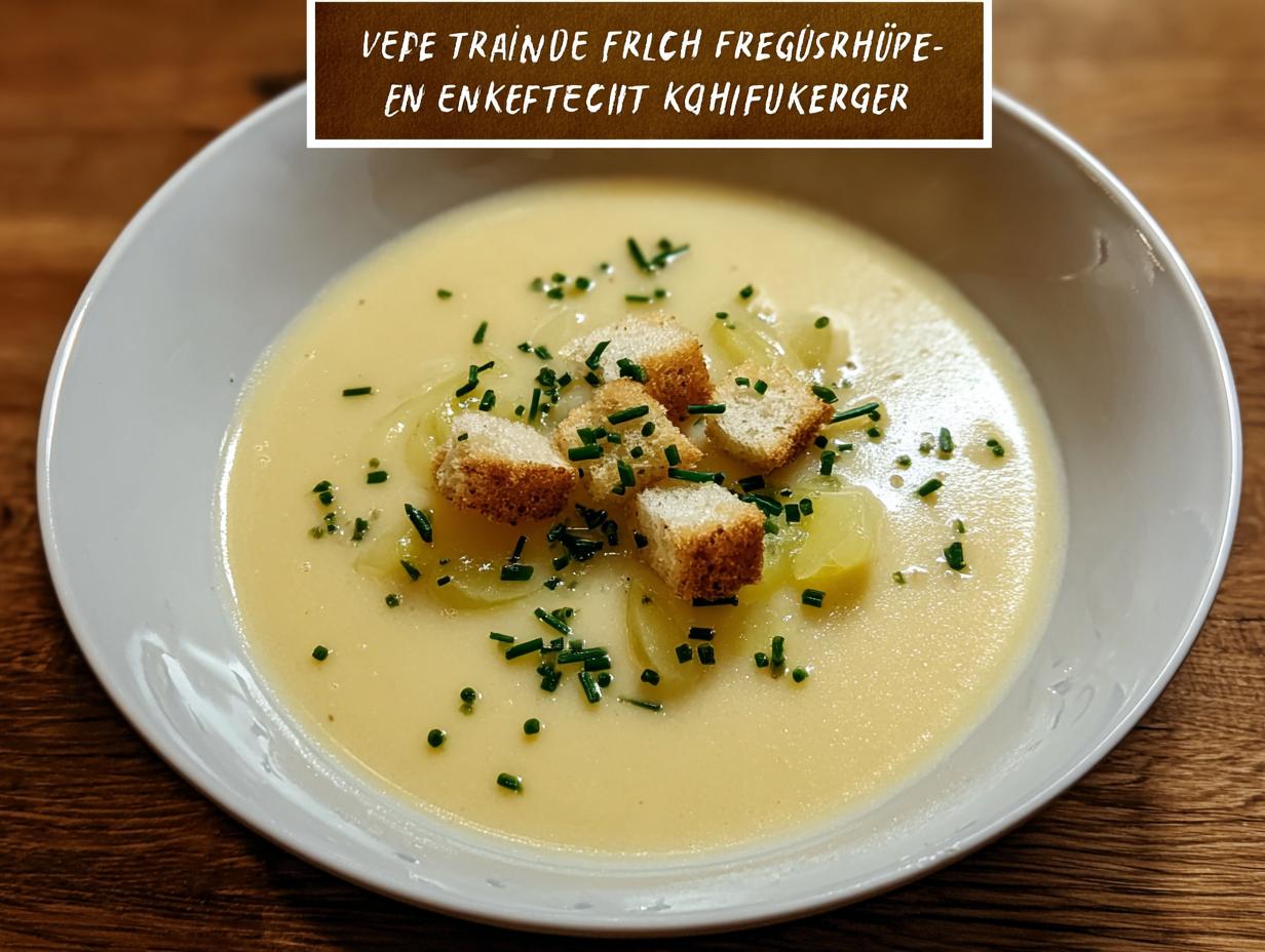 Eine cremige Schüssel Kartoffel-Lauch-Suppe garniert mit Croutons und Schnittlauch.