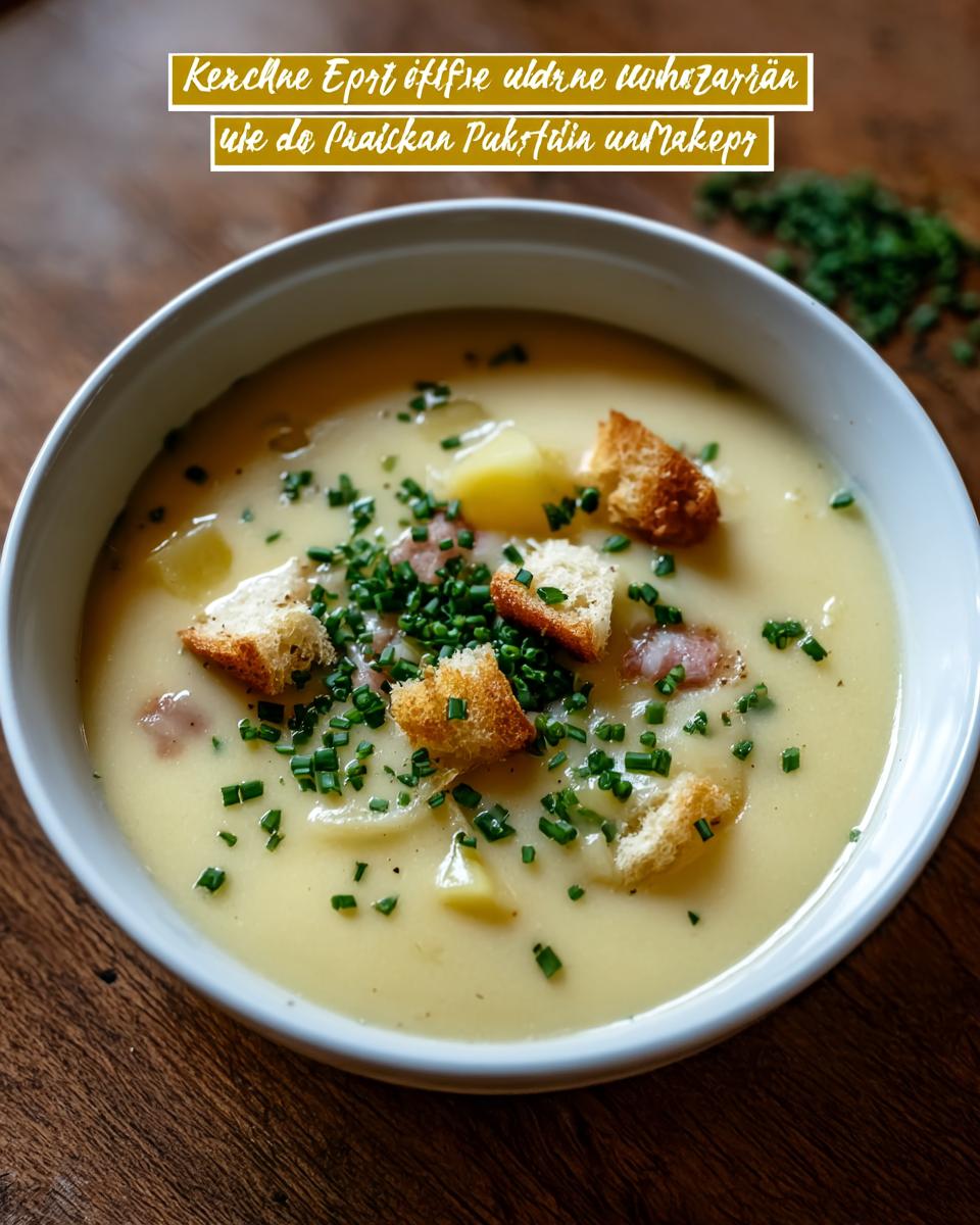Eine cremige Schüssel Kartoffel-Lauch-Suppe garniert mit Croutons, Speckstücken und frischem Schnittlauch.