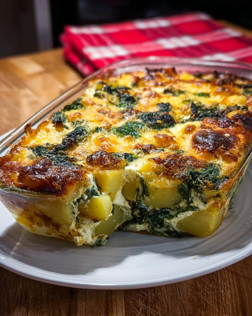 Anschnitt des gebackenen Kartoffel-Spinat-Auflauf mit Feta in einer Glasschale, goldbraun überbacken.