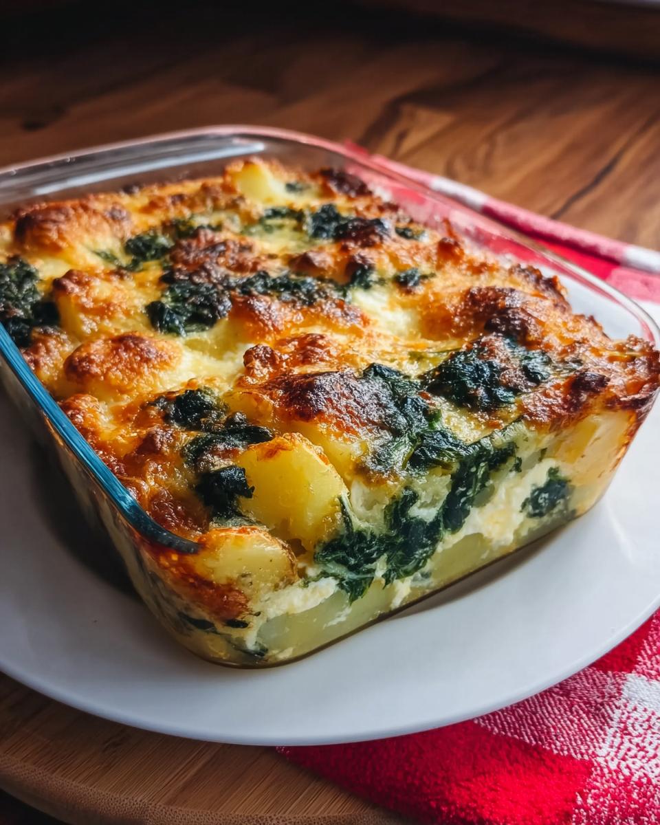 Gebackener Kartoffel-Spinat-Auflauf mit Feta in einer Glasform mit goldbrauner Käsekruste.