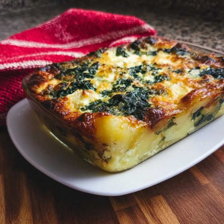 Ein goldbraun gebackener Kartoffel-Spinat-Auflauf mit Feta in einer Glasschale auf einem weißen Teller.