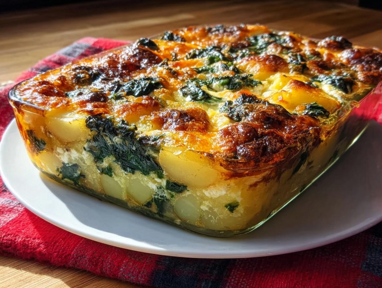 Ein goldbraun überbackener Kartoffel-Spinat-Auflauf mit Feta in einer Glasform.