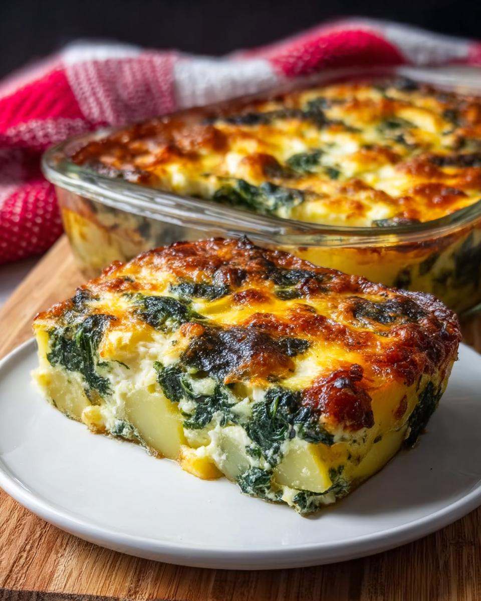 Servierstück eines goldbraun überbackenen Kartoffel-Spinat-Auflauf mit Feta auf einem weißen Teller.