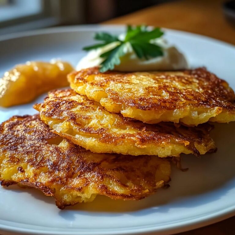 Drei goldbraun gebratene, knusprige Kartoffelpuffer mit Apfelmus und einem Klecks Sauerrahm.
