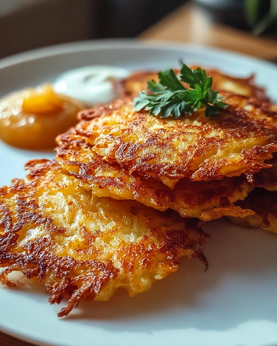 Stapel knuspriger Kartoffelpuffer knusprig mit Apfelmus und einem Klecks saurer Sahne auf einem weißen Teller.