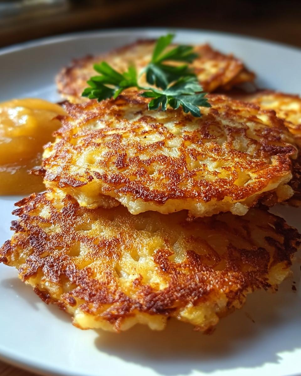 Nahaufnahme von knusprig gebratenen Kartoffelpuffer mit einem Klecks Apfelmus und Petersilie garniert.
