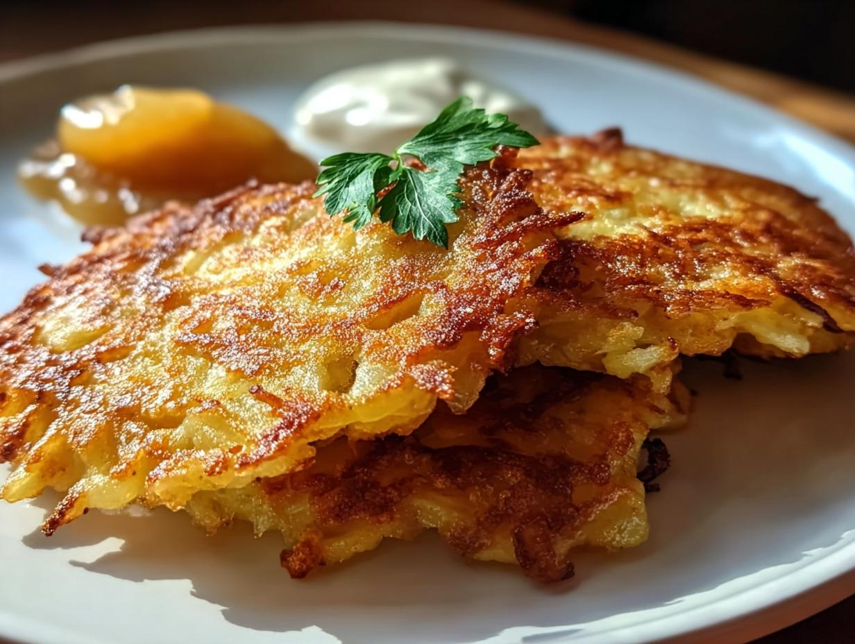 Drei knusprige Kartoffelpuffer auf einem weißen Teller, serviert mit Apfelmus und einem Klecks Sauerrahm.