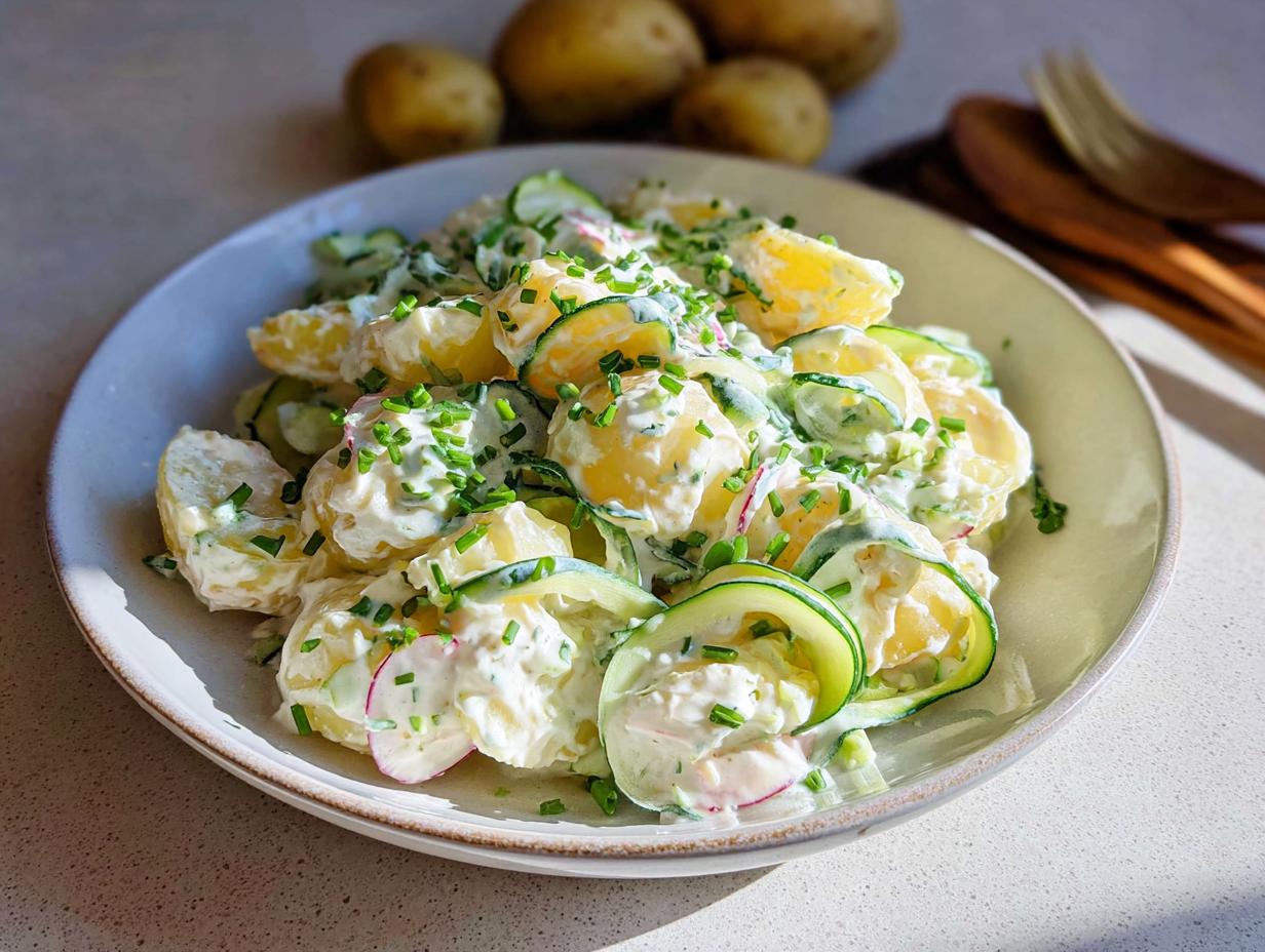 Nahaufnahme von Kartoffelsalat mit Joghurt-Dressing & Gurke, garniert mit Schnittlauch.