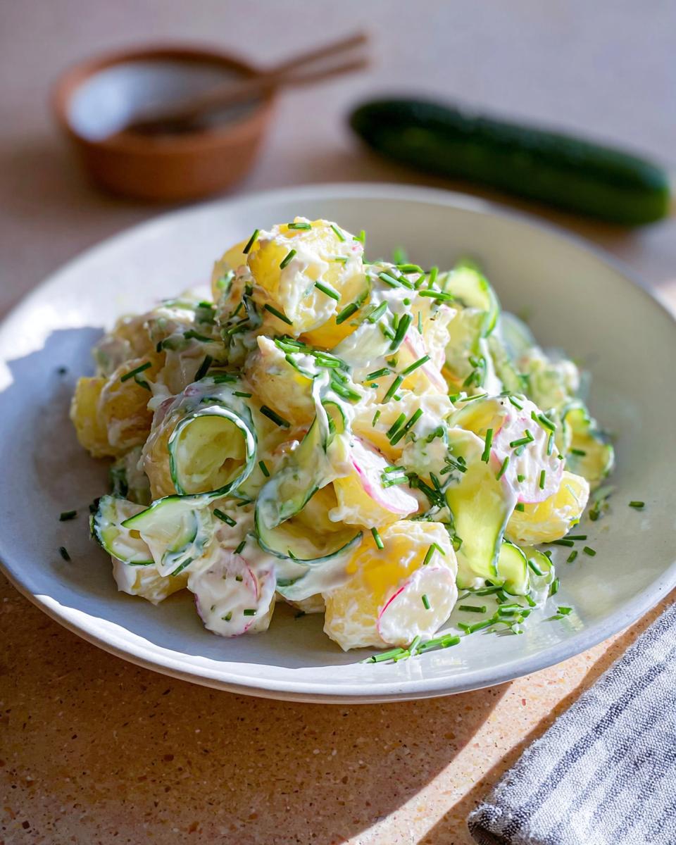 Nahaufnahme von Kartoffelsalat mit Joghurt-Dressing & Gurke, garniert mit Schnittlauch auf einem hellen Teller.