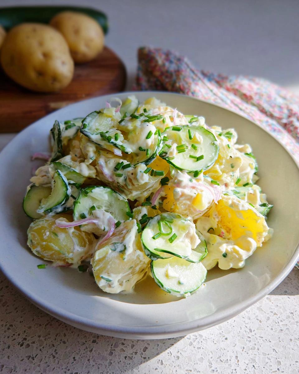Nahaufnahme von Kartoffelsalat mit Joghurt-Dressing & Gurke, garniert mit Schnittlauch.