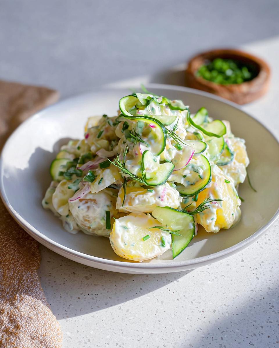 Nahaufnahme von Kartoffelsalat mit Joghurt-Dressing & Gurke, garniert mit frischem Dill und Schnittlauch.