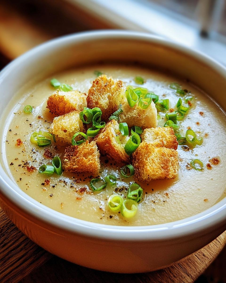 Cremige Kartoffelsuppe cremig mit Croutons und Frühlingszwiebeln in einer weißen Schüssel.