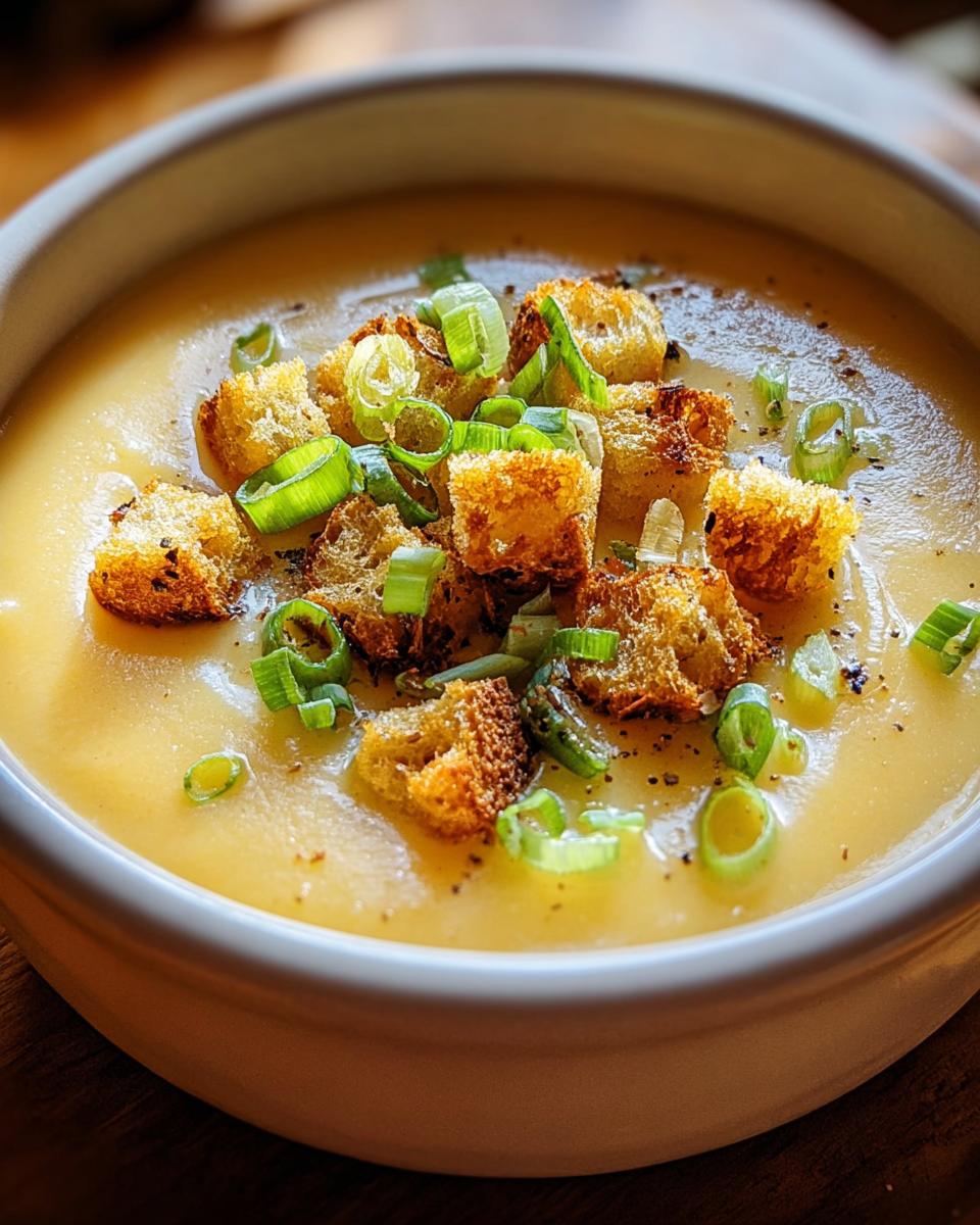 Nahaufnahme einer Schüssel mit Kartoffelsuppe cremig mit Croutons und Frühlingszwiebeln.